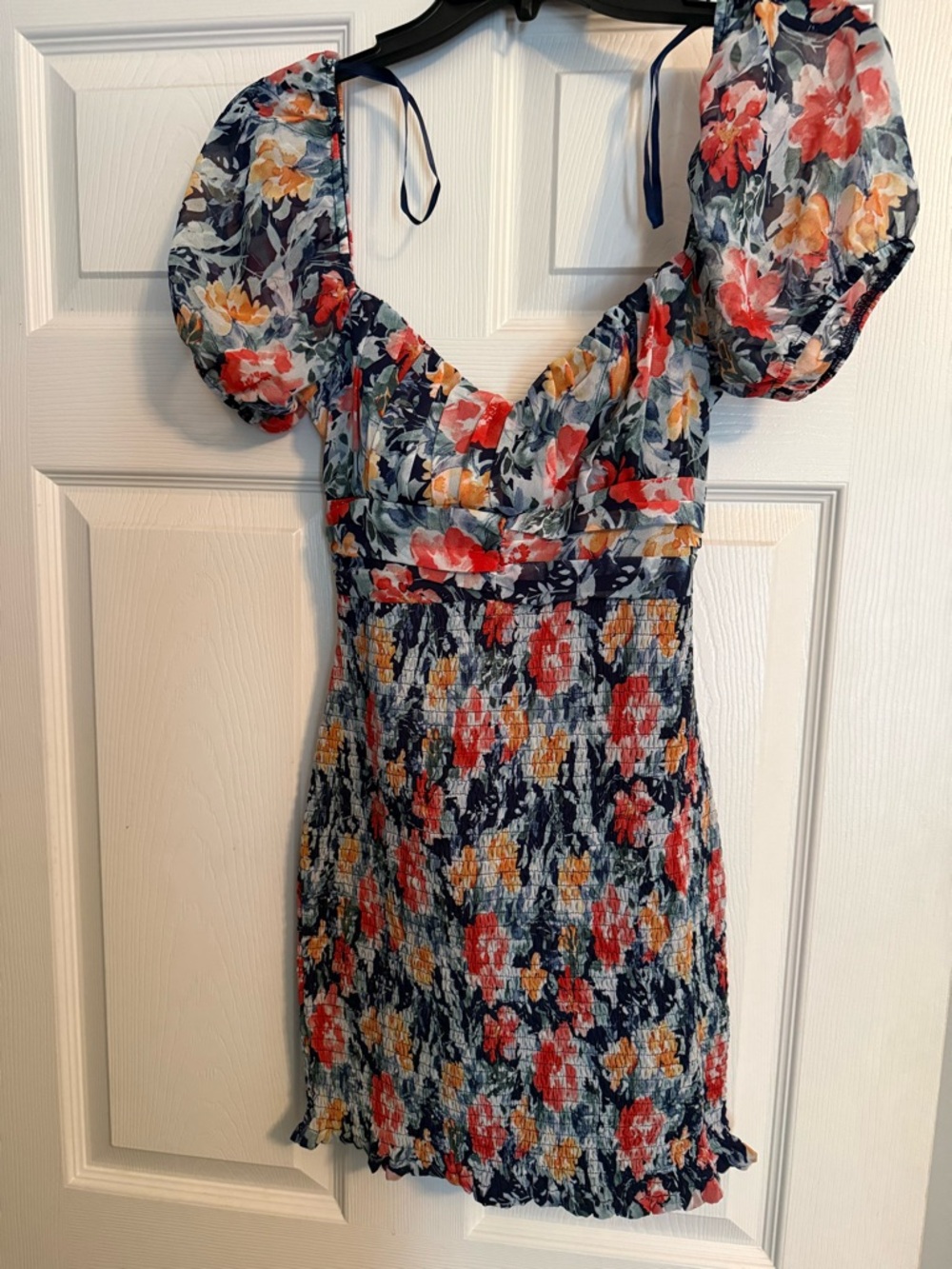Floral Puff-Sleeve Smocked Mini Dress in Navy, Red & Yellow